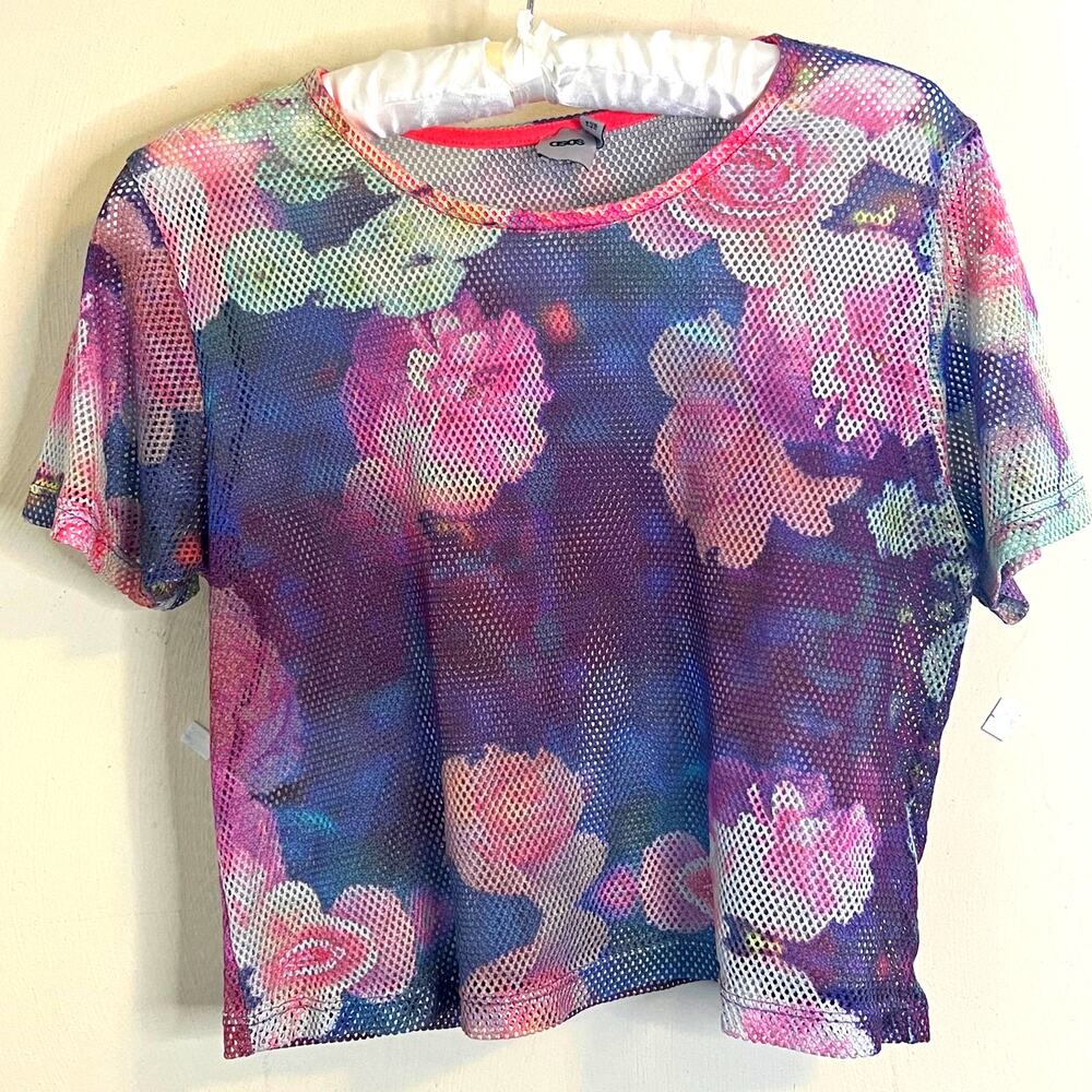 ASOS Floral Mesh Crop Top Size 10 Purple Pink Sheer Short Sleeve Festival Y2K